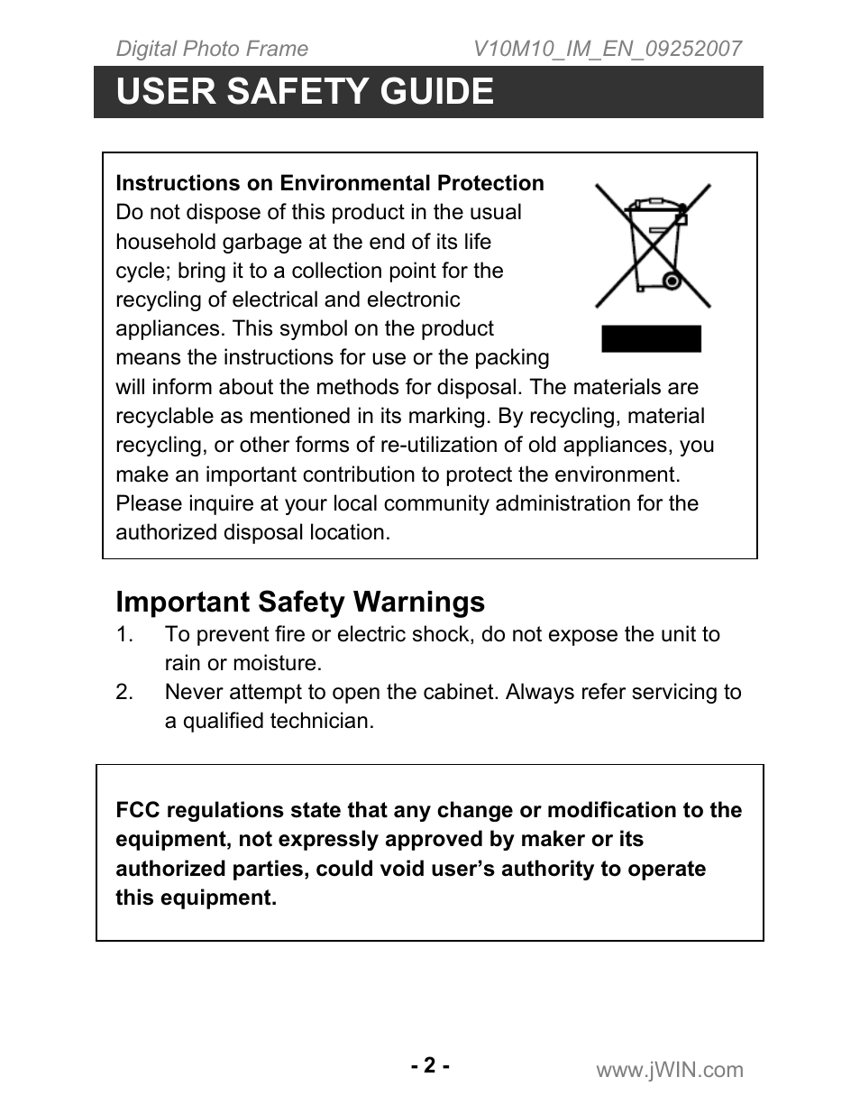 User safety guide, Important safety warnings | Jwin JP-197 User Manual | Page 3 / 24