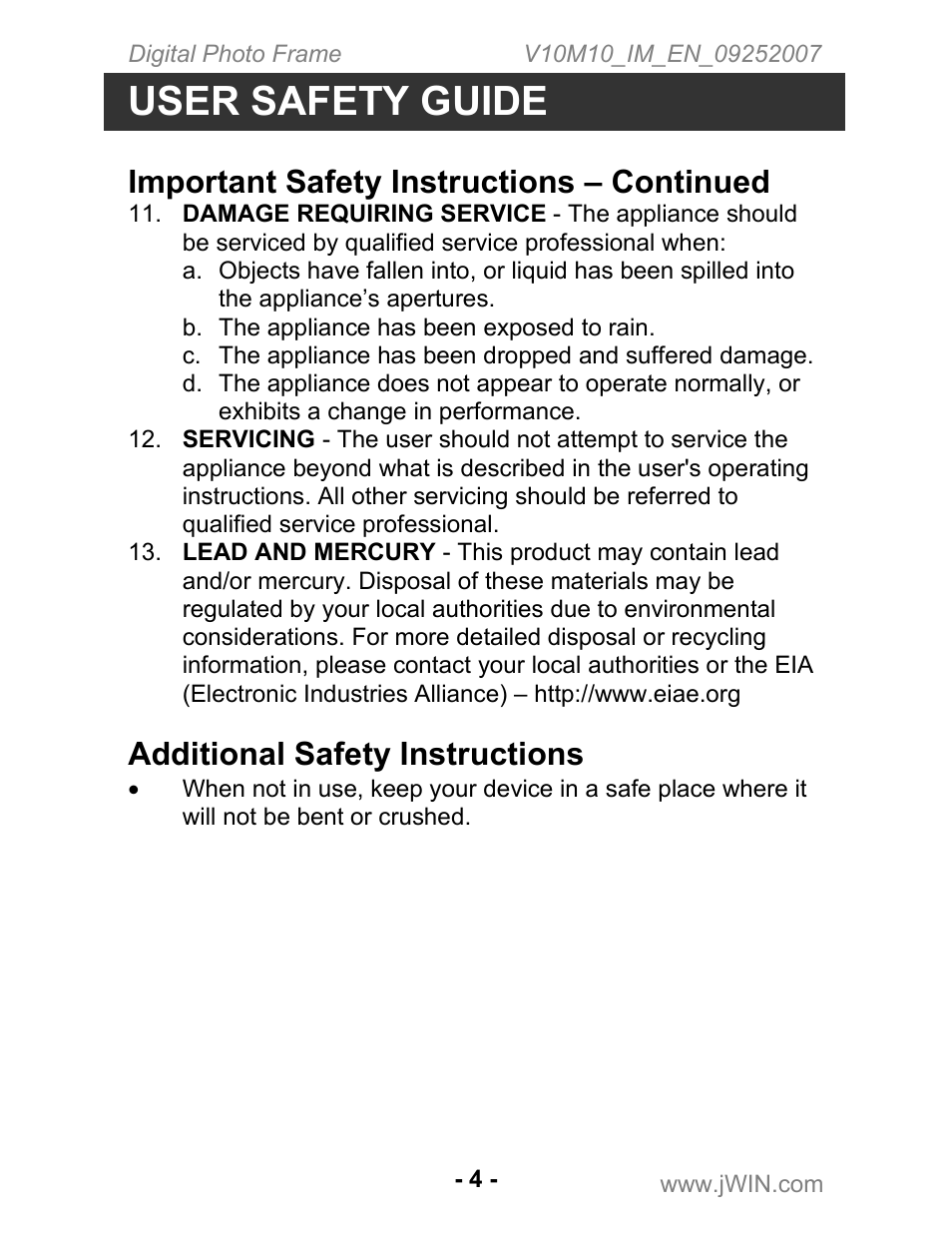User safety guide, Important safety instructions – continued, Additional safety instructions | Jwin JP-197 User Manual | Page 5 / 24