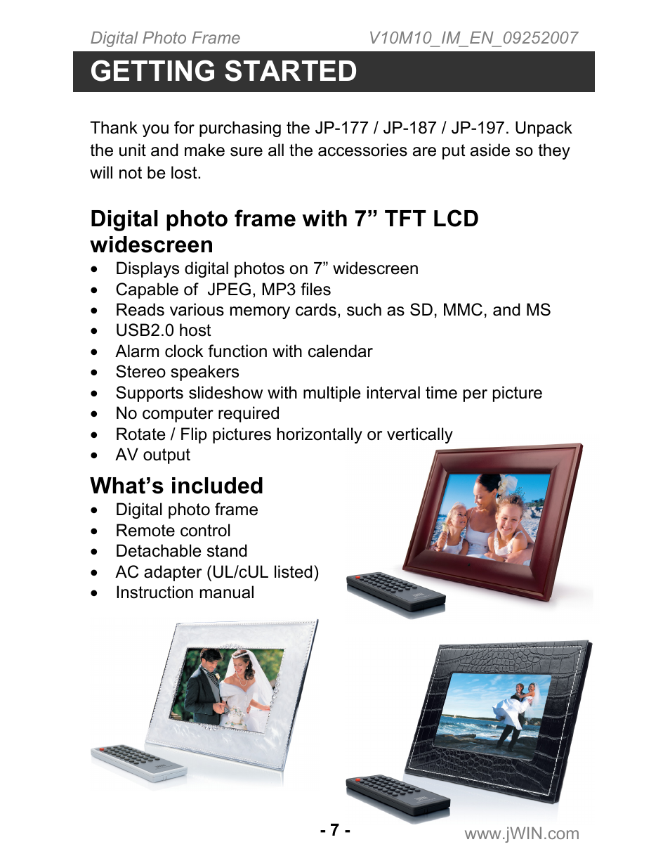 Getting started, Digital photo frame with 7” tft lcd widescreen, What’s included | Jwin JP-197 User Manual | Page 8 / 24