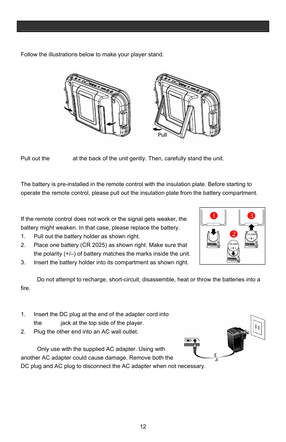 Getting started, How to make your player stand, First time to use the remote control | Remote control battery installation, Using the ac adapter | Jwin Z1055 User Manual | Page 13 / 36