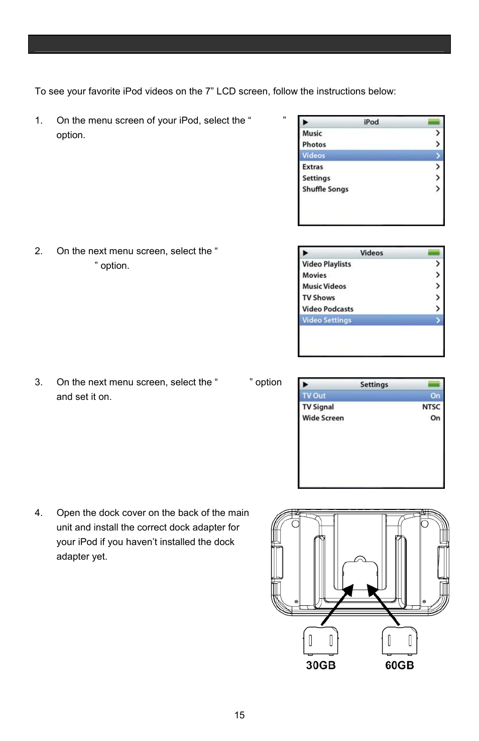 Basic operation, Watching your ipod videos on the 7” lcd screen | Jwin Z1055 User Manual | Page 16 / 36