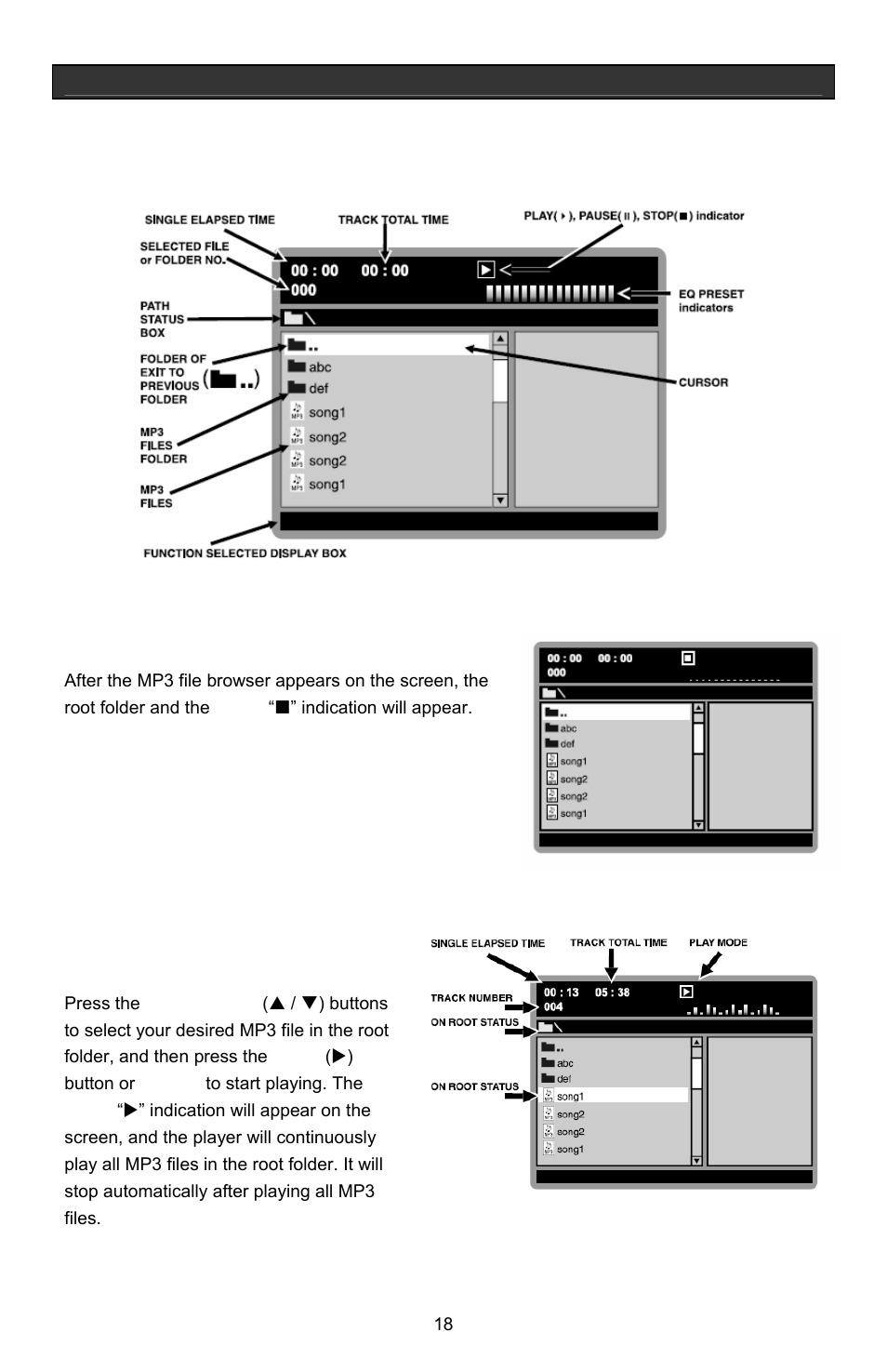 Basic operation, Mp3 file browser, Loading an mp3 cd | Playing an mp3 file in the root folder | Jwin Z1055 User Manual | Page 19 / 36