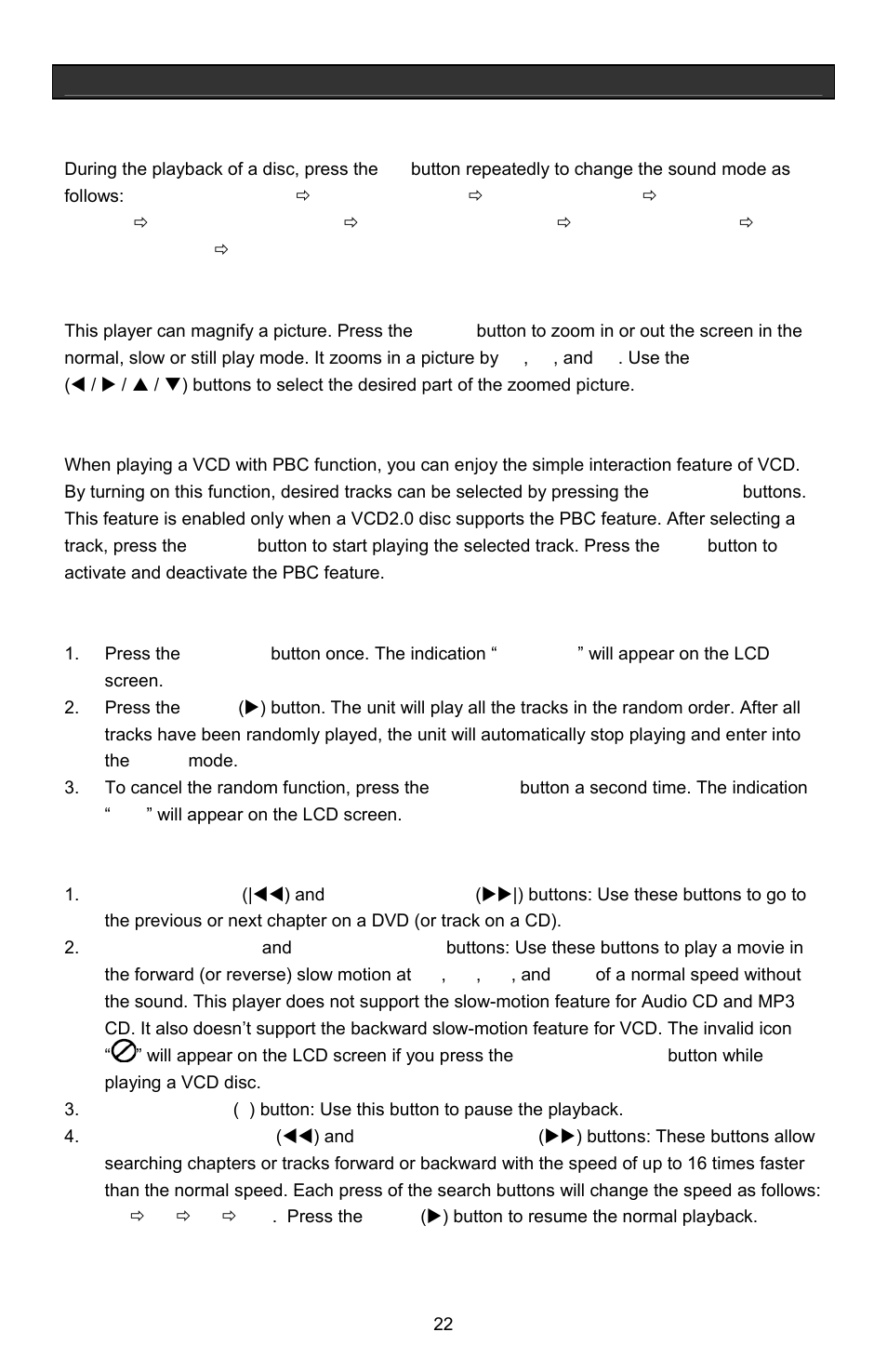 Operational features, 3d sound, Zoom function | Pbc function, Random function, Skip and search functions | Jwin Z1055 User Manual | Page 23 / 36