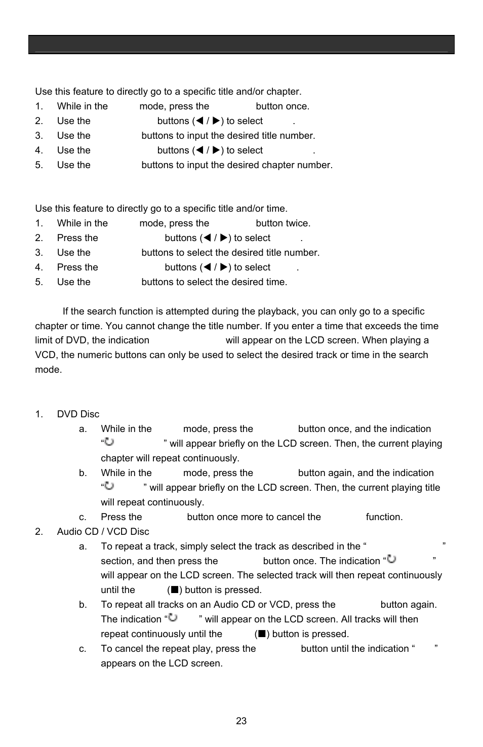 Operational features, Title / chapter search function, Title / time search function | Repeat function | Jwin Z1055 User Manual | Page 24 / 36