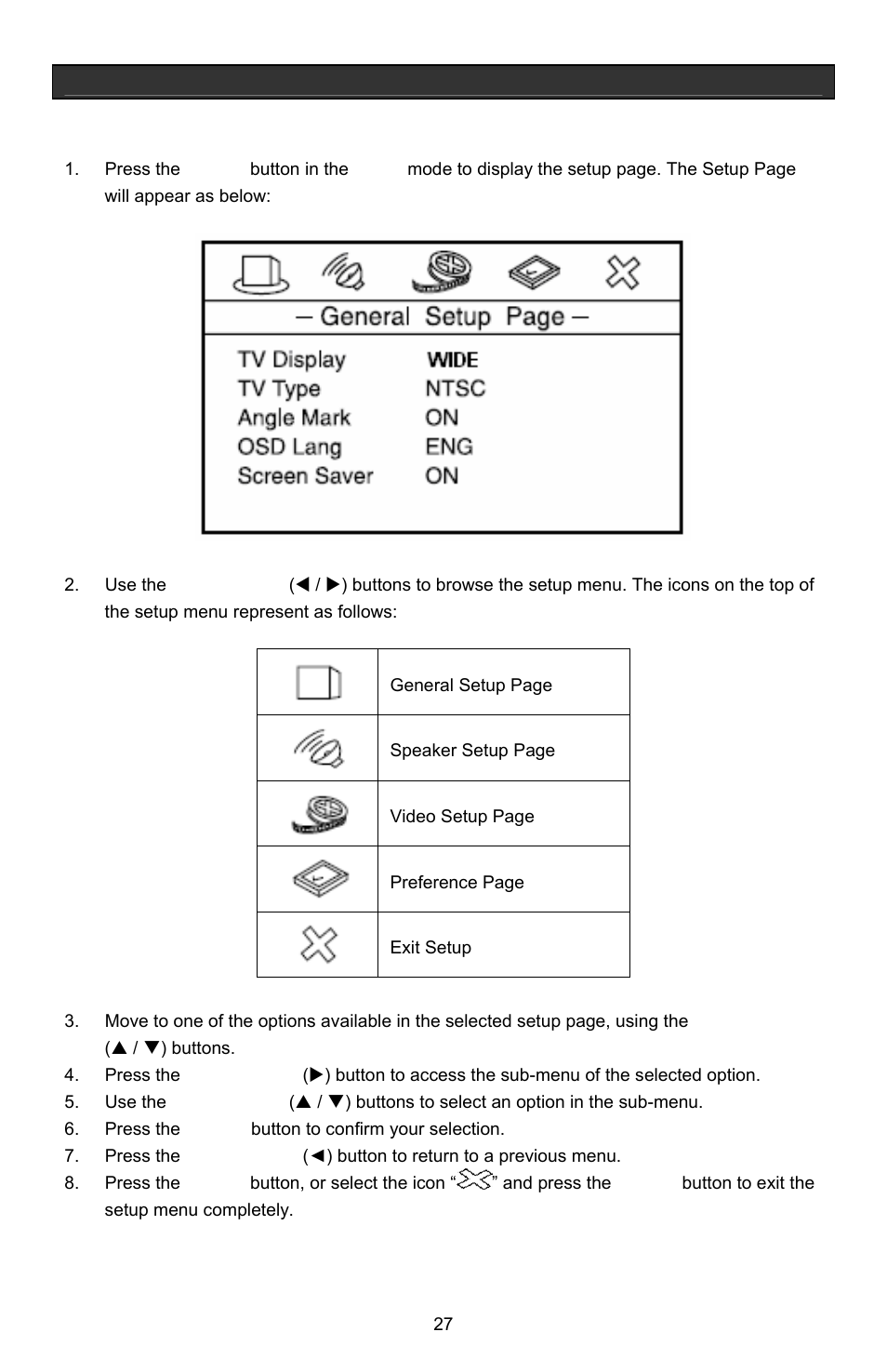 Setting up your dvd player, Navigating the setup pages | Jwin Z1055 User Manual | Page 28 / 36