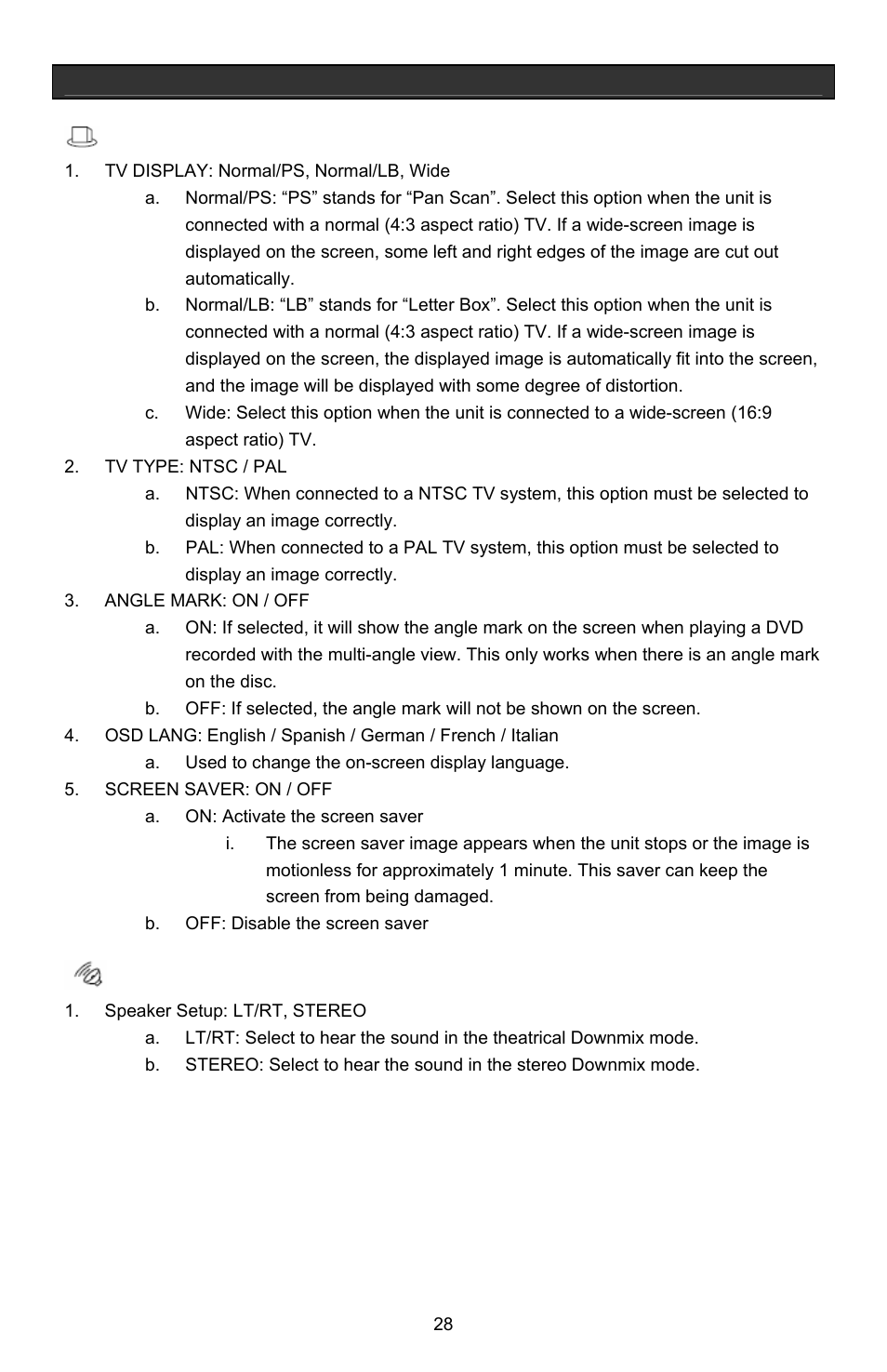 Setting up your dvd player, General setup page, Speaker setup page | Jwin Z1055 User Manual | Page 29 / 36