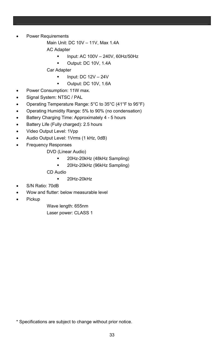 Specifications | Jwin Z1055 User Manual | Page 34 / 36