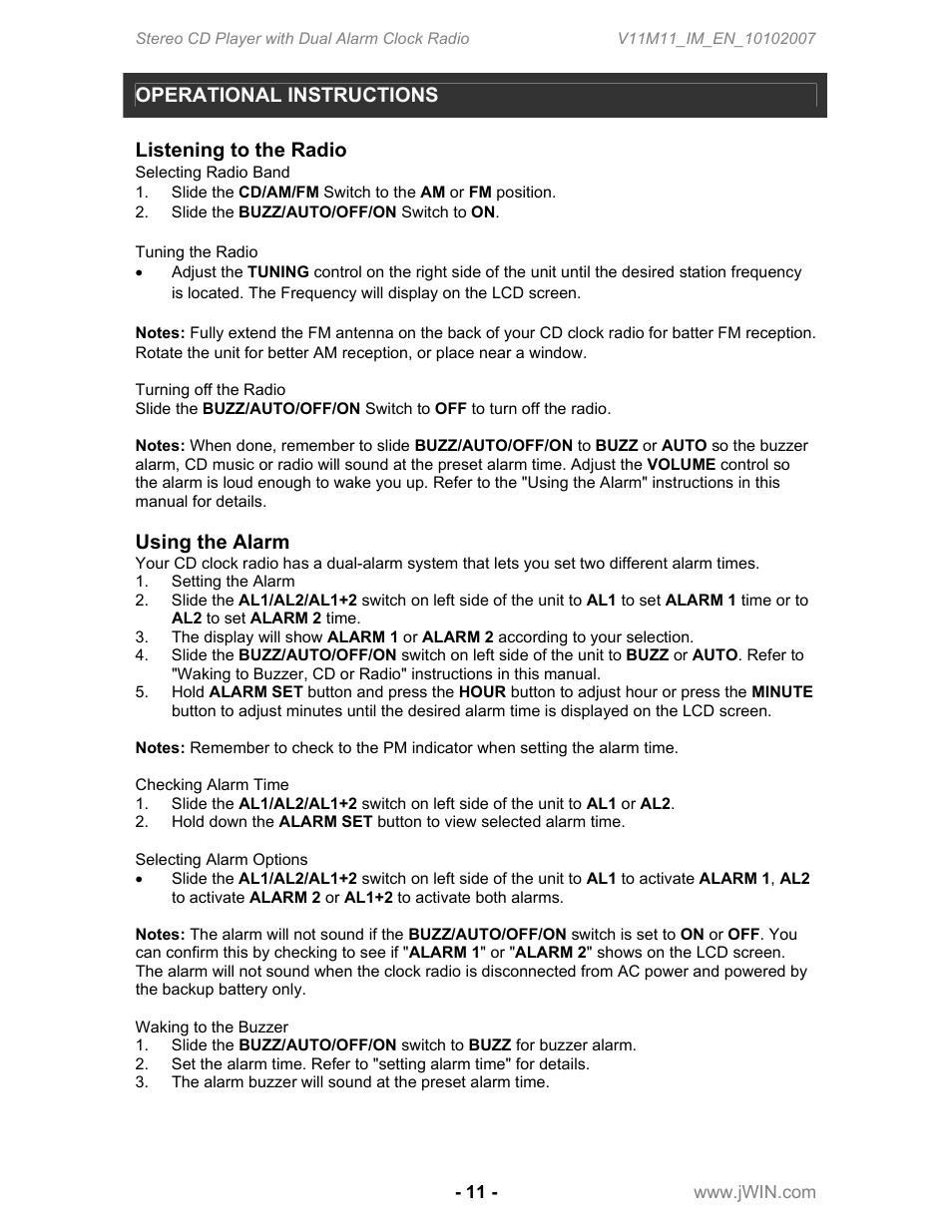 Operational instructions, Listening to the radio, Using the alarm | Jwin JL-CD815 User Manual | Page 12 / 16