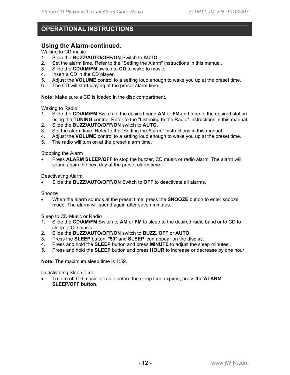 Operational instructions, Using the alarm-continued | Jwin JL-CD815 User Manual | Page 13 / 16