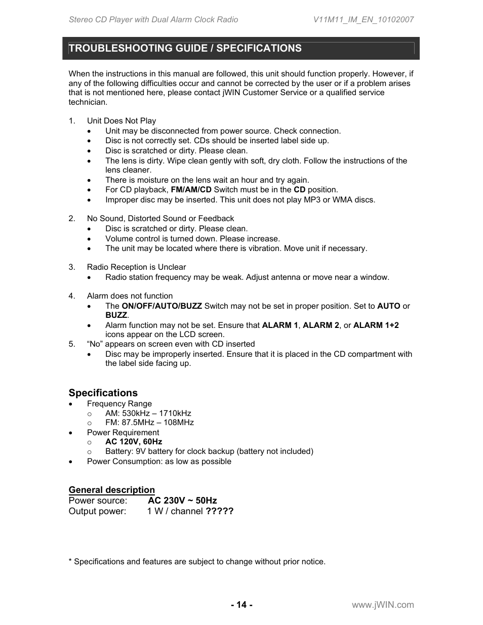 Troubleshooting guide / specifications, Specifications | Jwin JL-CD815 User Manual | Page 15 / 16