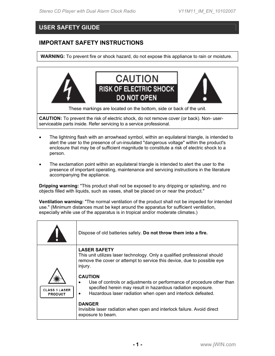 User safety giude, Important safety instructions | Jwin JL-CD815 User Manual | Page 2 / 16