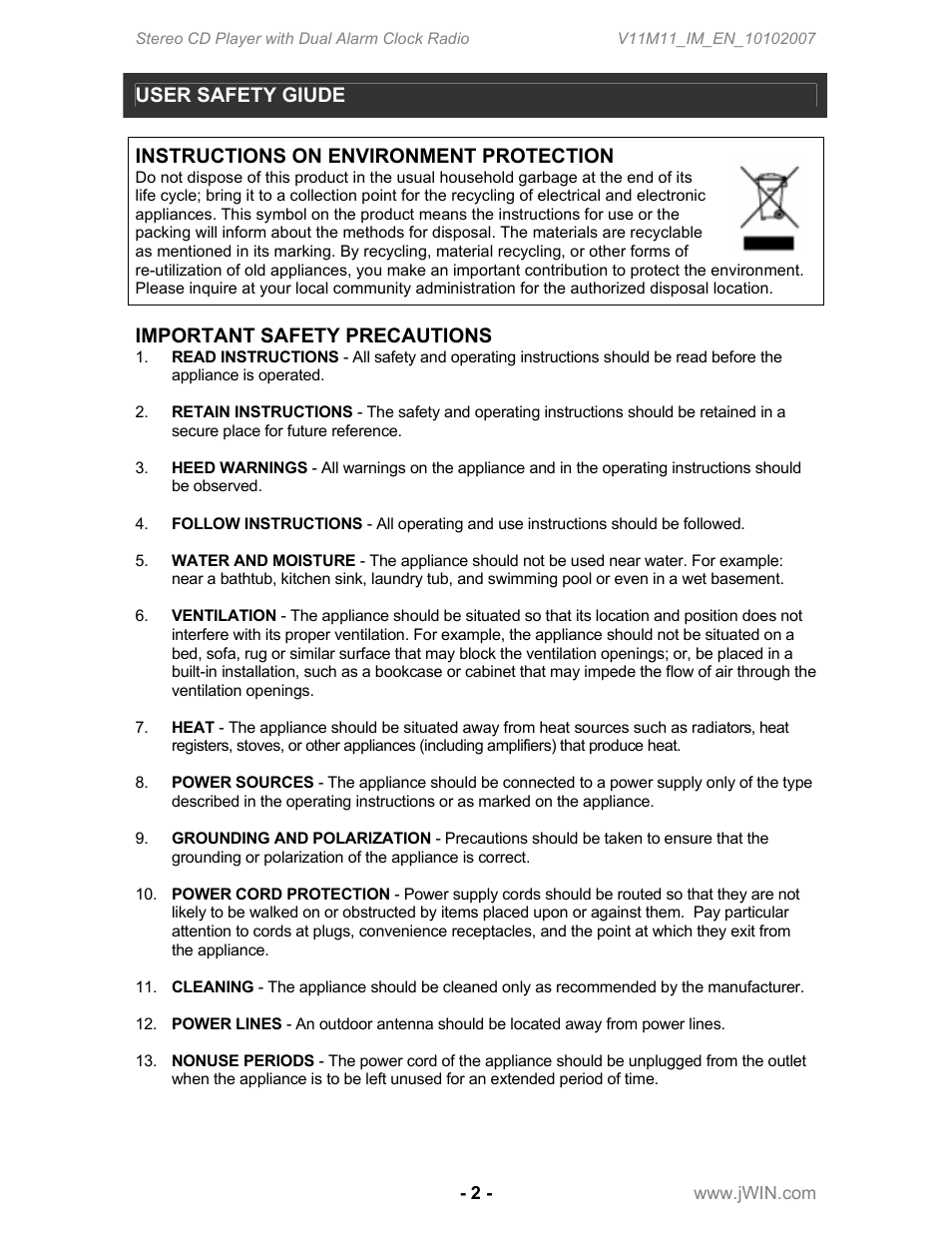 User safety giude, Instructions on environment protection, Important safety precautions | Jwin JL-CD815 User Manual | Page 3 / 16