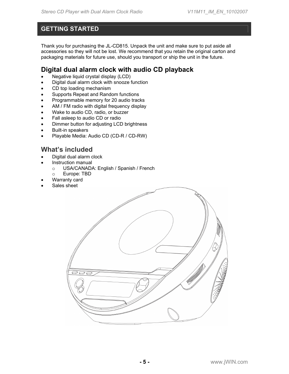 Digital dual alarm clock with audio cd playback, What’s included, Getting started | Jwin JL-CD815 User Manual | Page 6 / 16