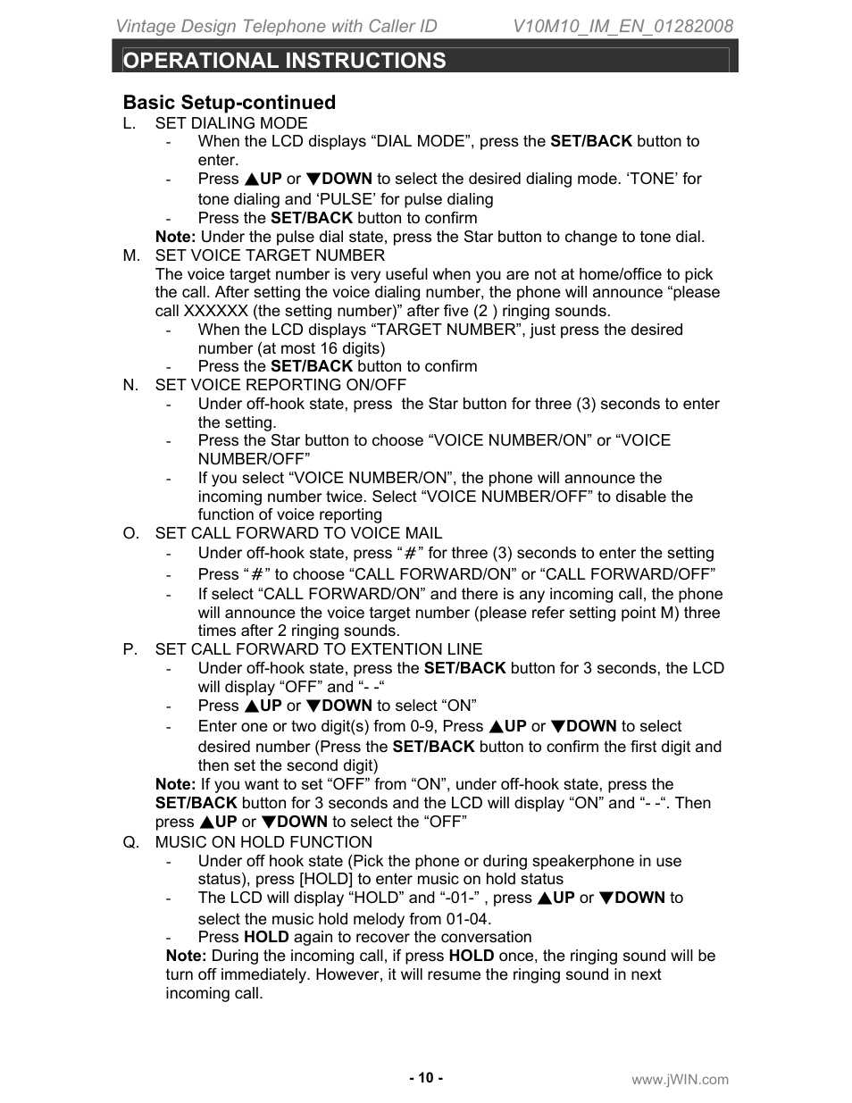 Operational instructions, Basic setup-continued | Jwin JT-P433 User Manual | Page 11 / 20