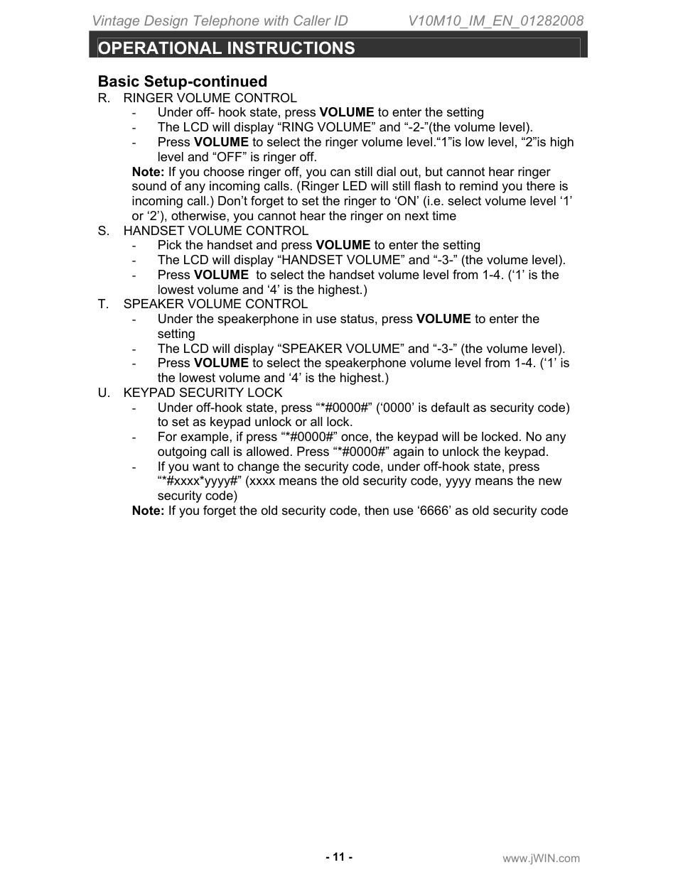 Operational instructions, Basic setup-continued | Jwin JT-P433 User Manual | Page 12 / 20