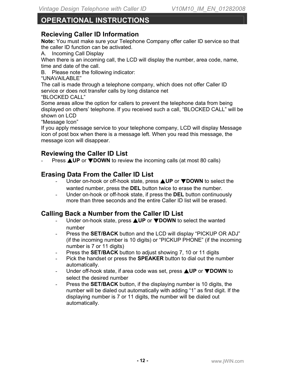 Operational instructions, Recieving caller id information, Reviewing the caller id list | Erasing data from the caller id list, Calling back a number from the caller id list | Jwin JT-P433 User Manual | Page 13 / 20