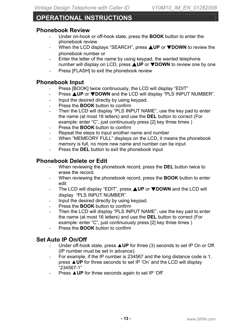 Operational instructions, Phonebook review, Phonebook input | Phonebook delete or edit, Set auto ip on/off | Jwin JT-P433 User Manual | Page 14 / 20