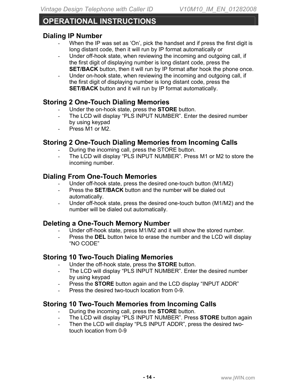 Operational instructions, Dialing ip number | Jwin JT-P433 User Manual | Page 15 / 20