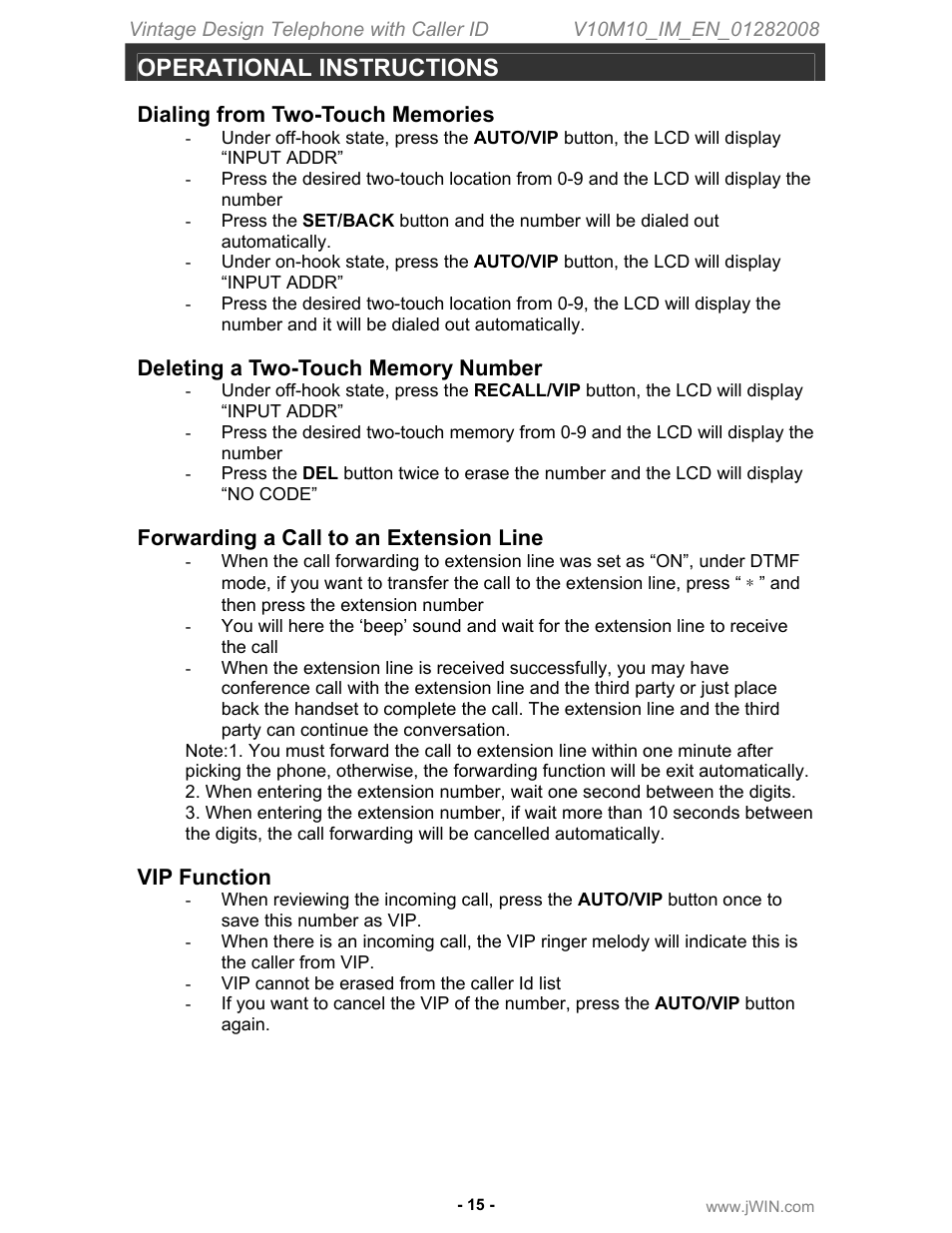 Operational instructions, Forwarding a call to an extension line, Vip function | Jwin JT-P433 User Manual | Page 16 / 20