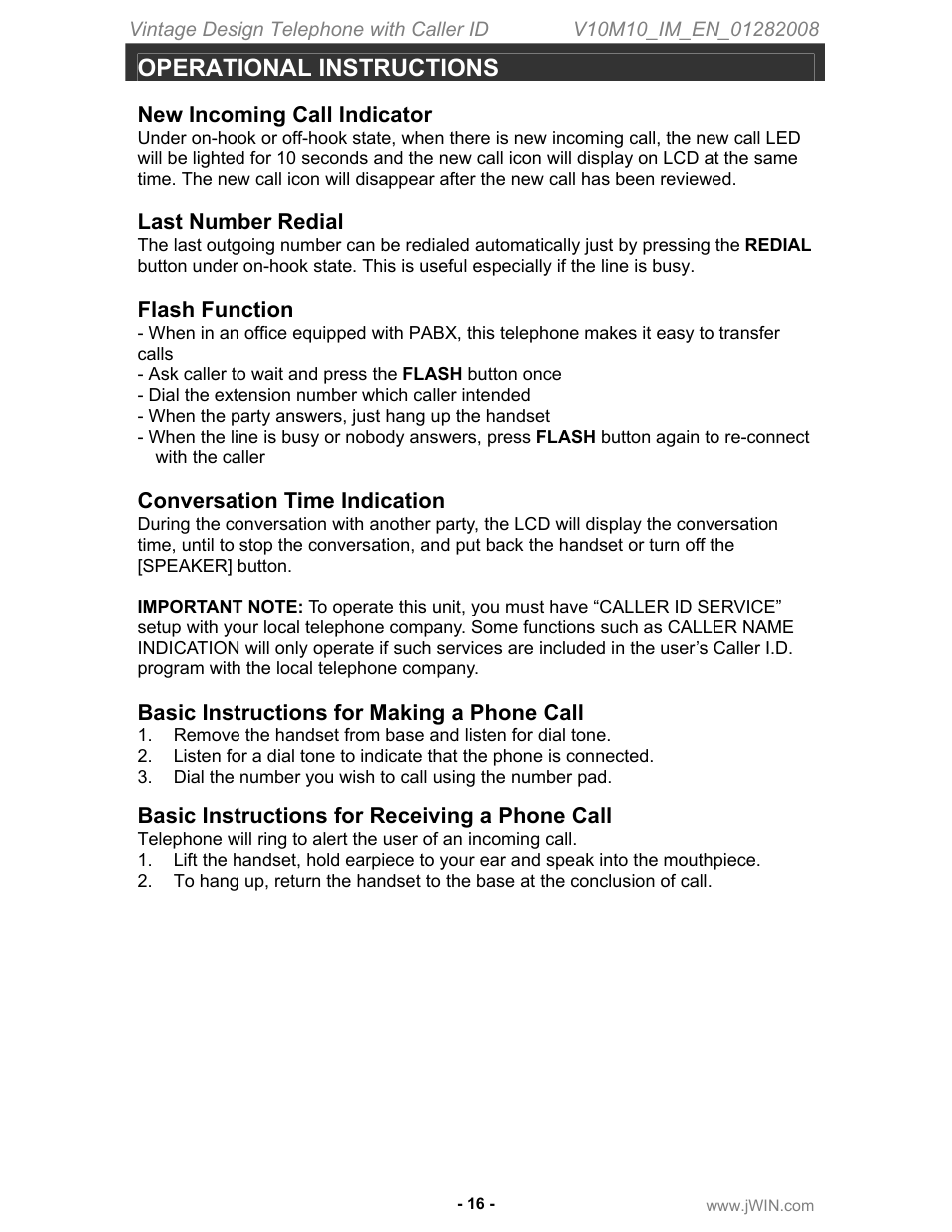 Operational instructions, New incoming call indicator, Last number redial | Flash function, Conversation time indication, Basic instructions for making a phone call, Basic instructions for receiving a phone call | Jwin JT-P433 User Manual | Page 17 / 20