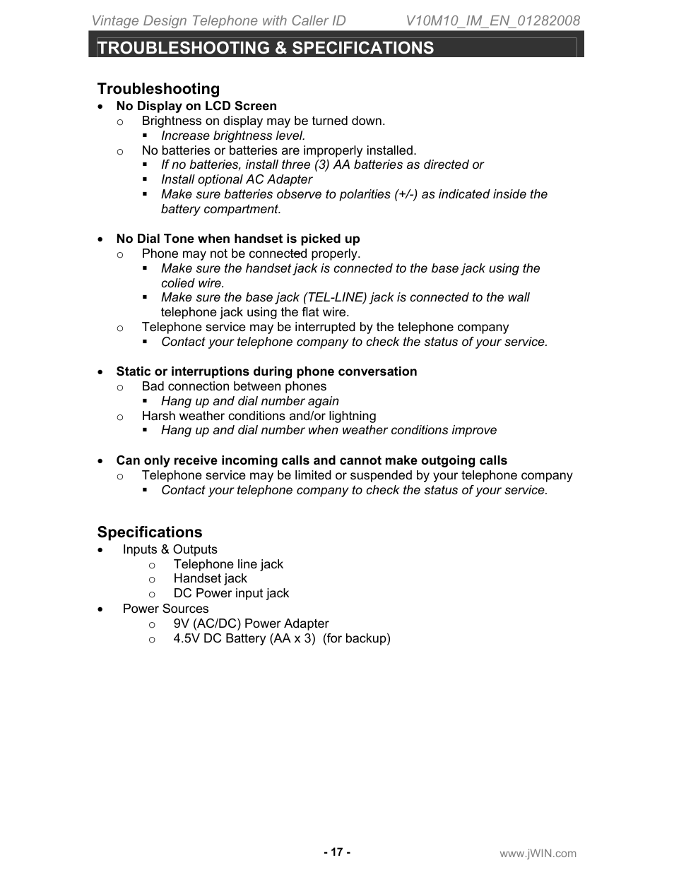 Troubleshooting & specifications, Troubleshooting, Specifications | Jwin JT-P433 User Manual | Page 18 / 20