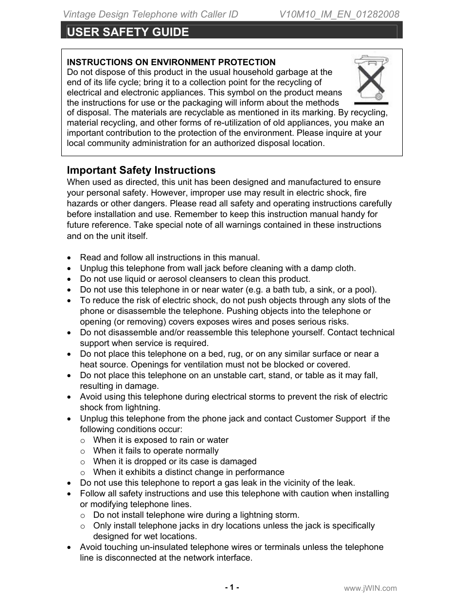 User safety guide, Important safety instructions | Jwin JT-P433 User Manual | Page 2 / 20