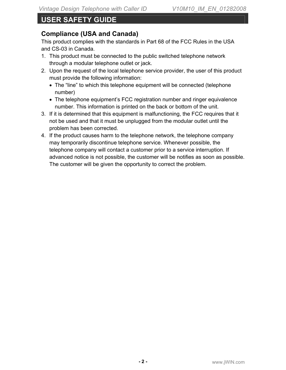 User safety guide, Compliance (usa and canada) | Jwin JT-P433 User Manual | Page 3 / 20