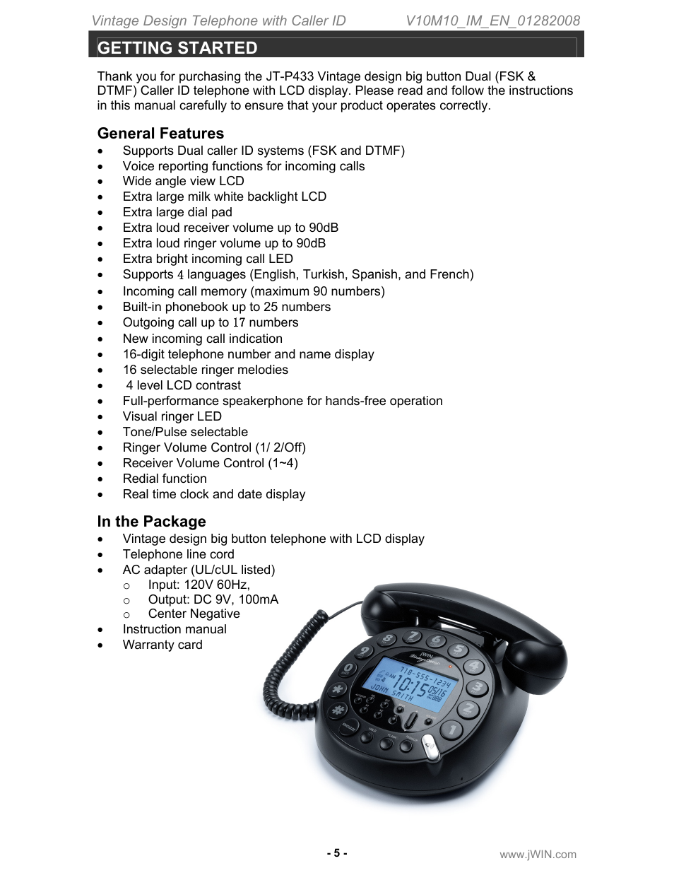 Getting started, General features | Jwin JT-P433 User Manual | Page 6 / 20