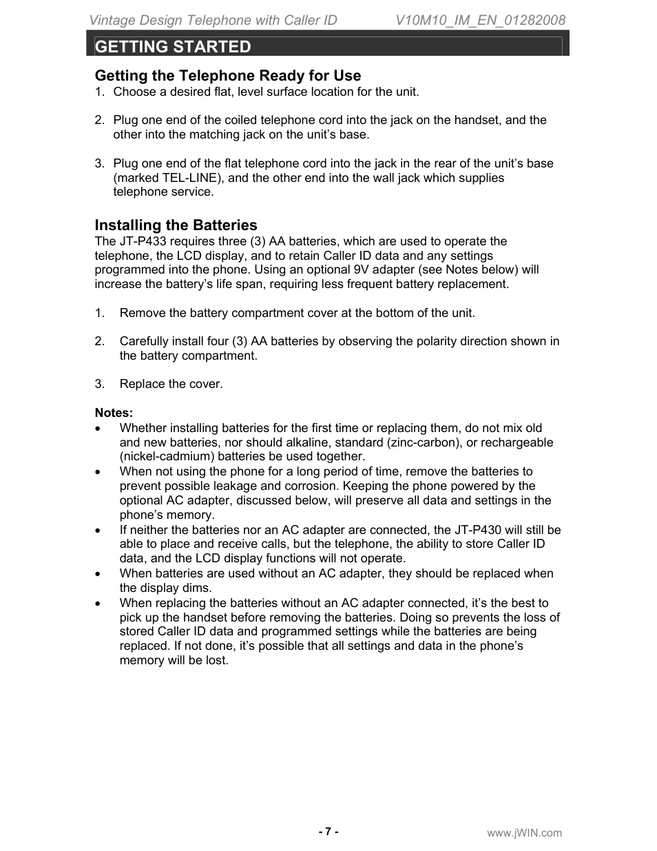 Getting started, Getting the telephone ready for use, Installing the batteries | Jwin JT-P433 User Manual | Page 8 / 20