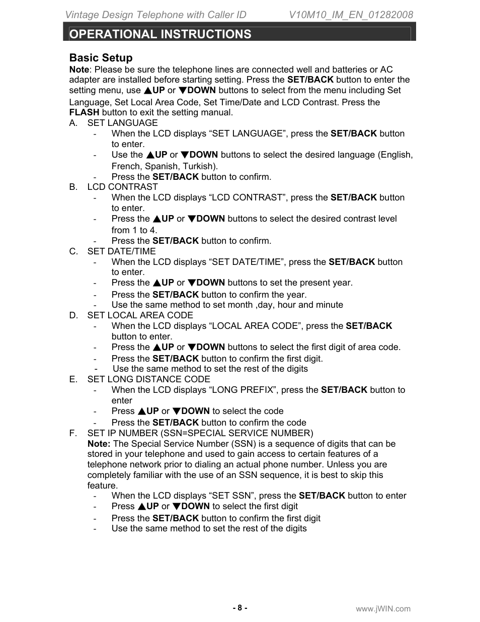 Operational instructions, Basic setup | Jwin JT-P433 User Manual | Page 9 / 20