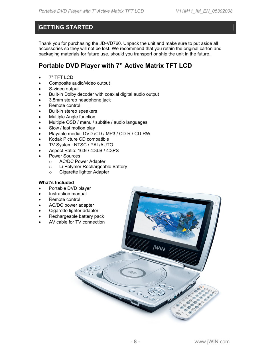 Portable dvd player with 7” active matrix tft lcd, Getting started | Jwin JDVD760 User Manual | Page 10 / 24