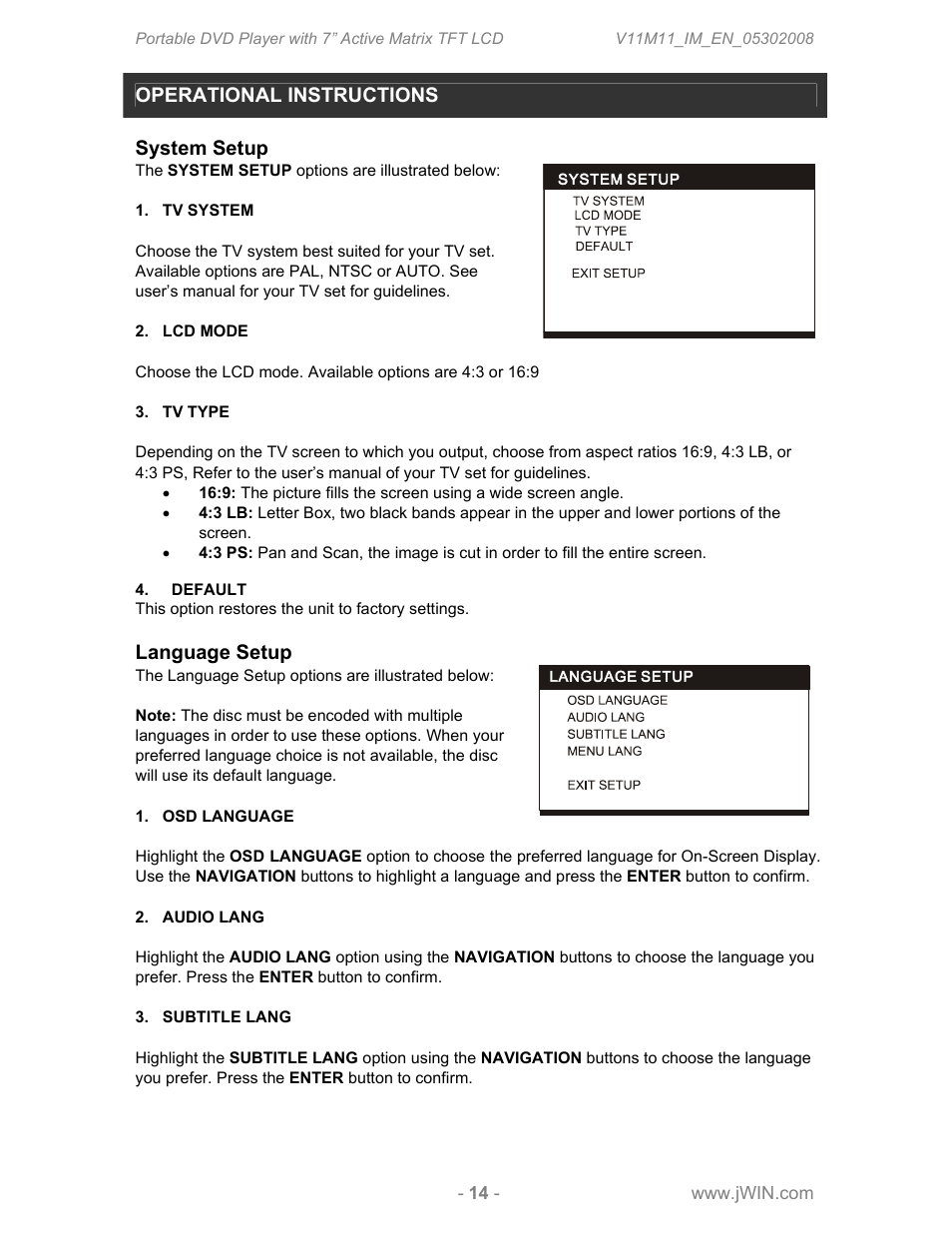 Operational instructions, System setup, Language setup | Jwin JDVD760 User Manual | Page 16 / 24