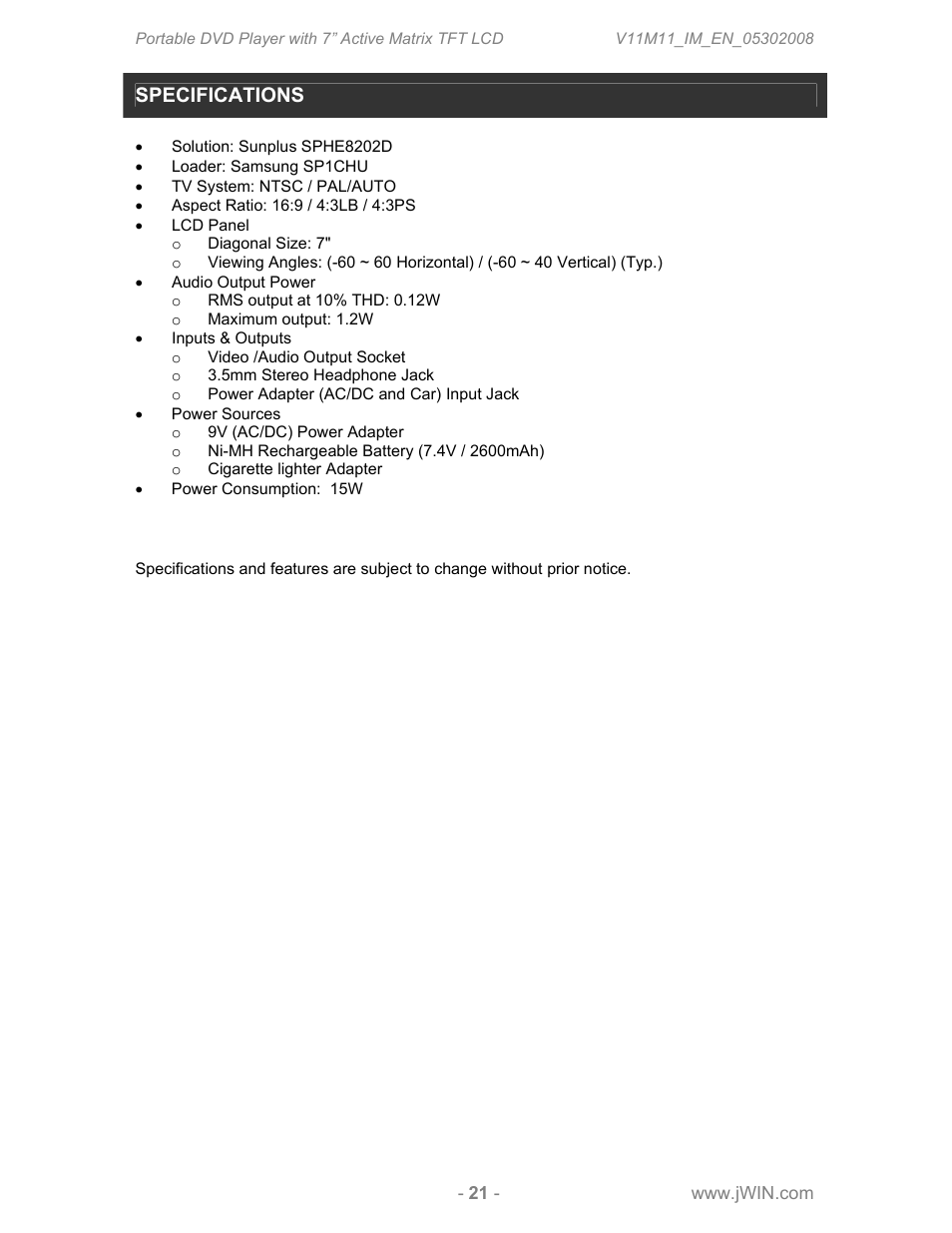 Specifications | Jwin JDVD760 User Manual | Page 23 / 24