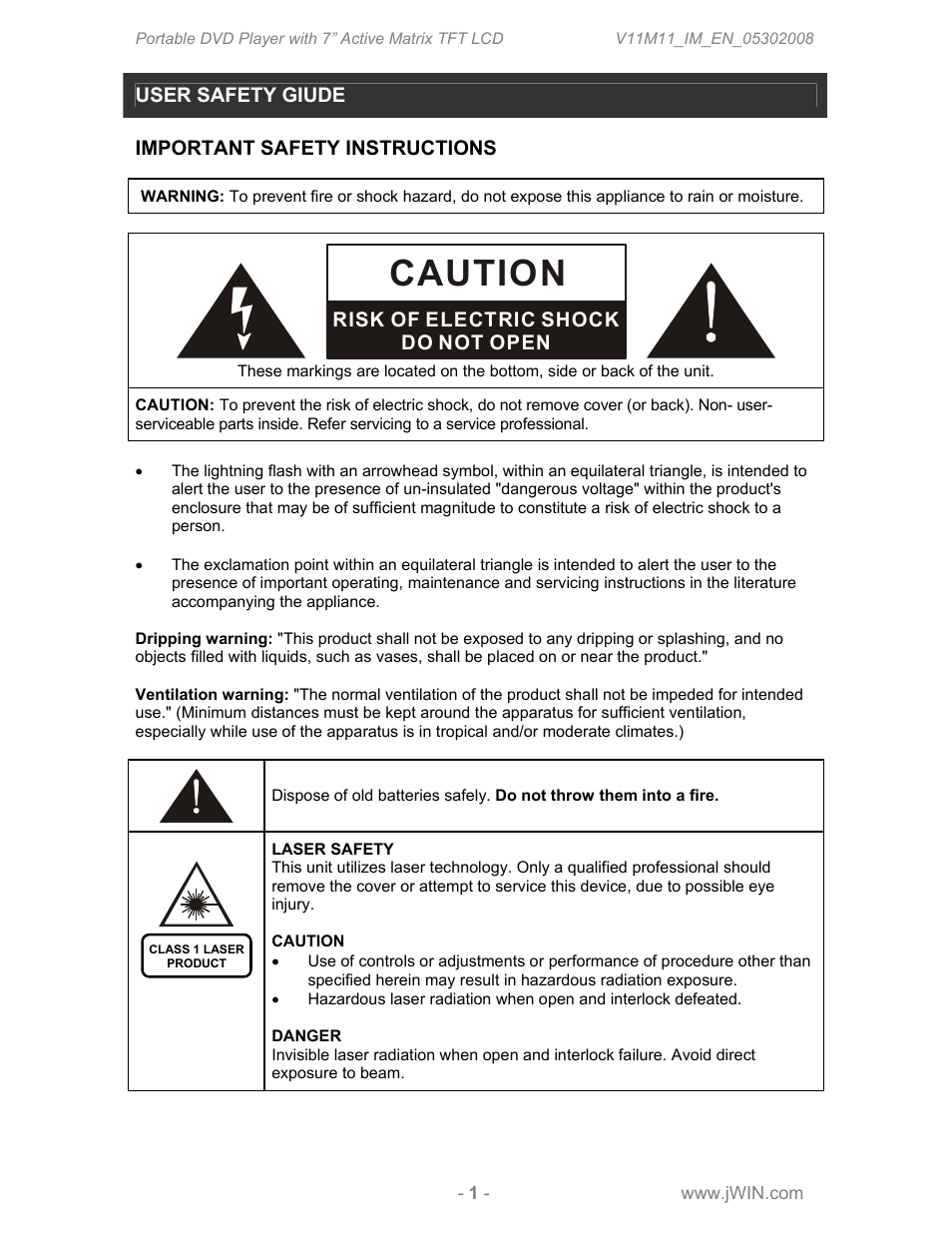 Caution | Jwin JDVD760 User Manual | Page 3 / 24