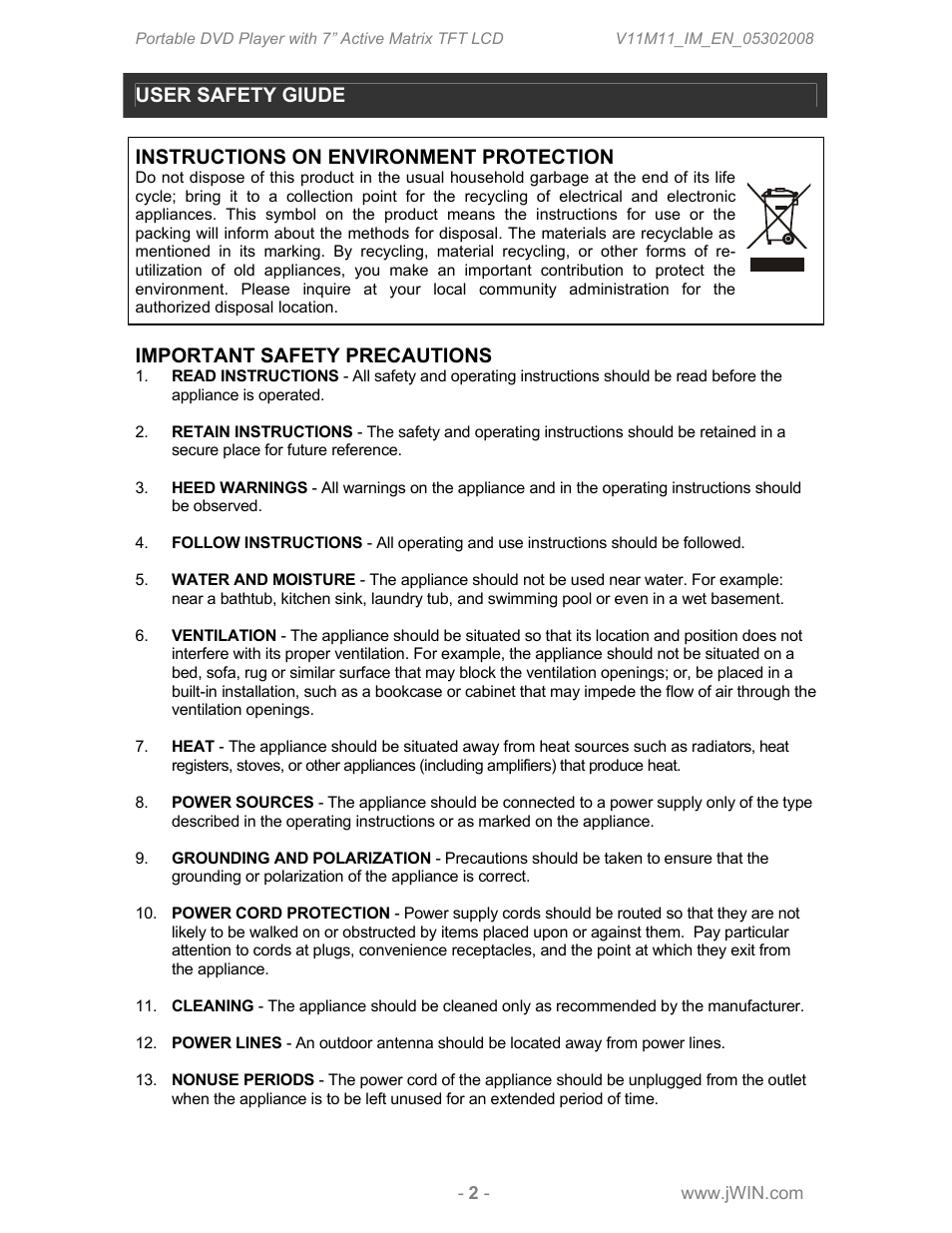 User safety giude, Instructions on environment protection, Important safety precautions | Jwin JDVD760 User Manual | Page 4 / 24