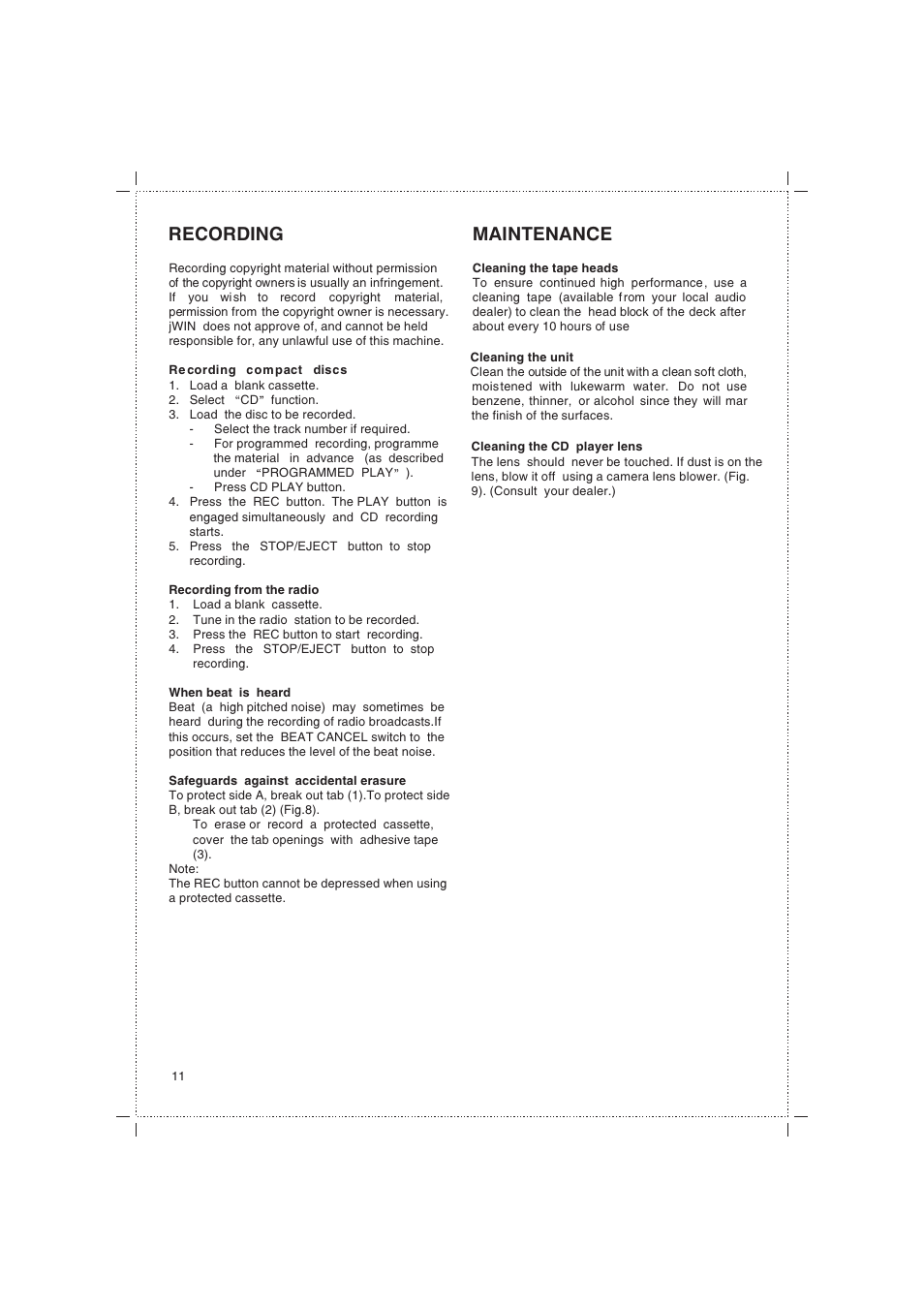 Recording, Maintenance | Jwin JX-43000D User Manual | Page 12 / 18