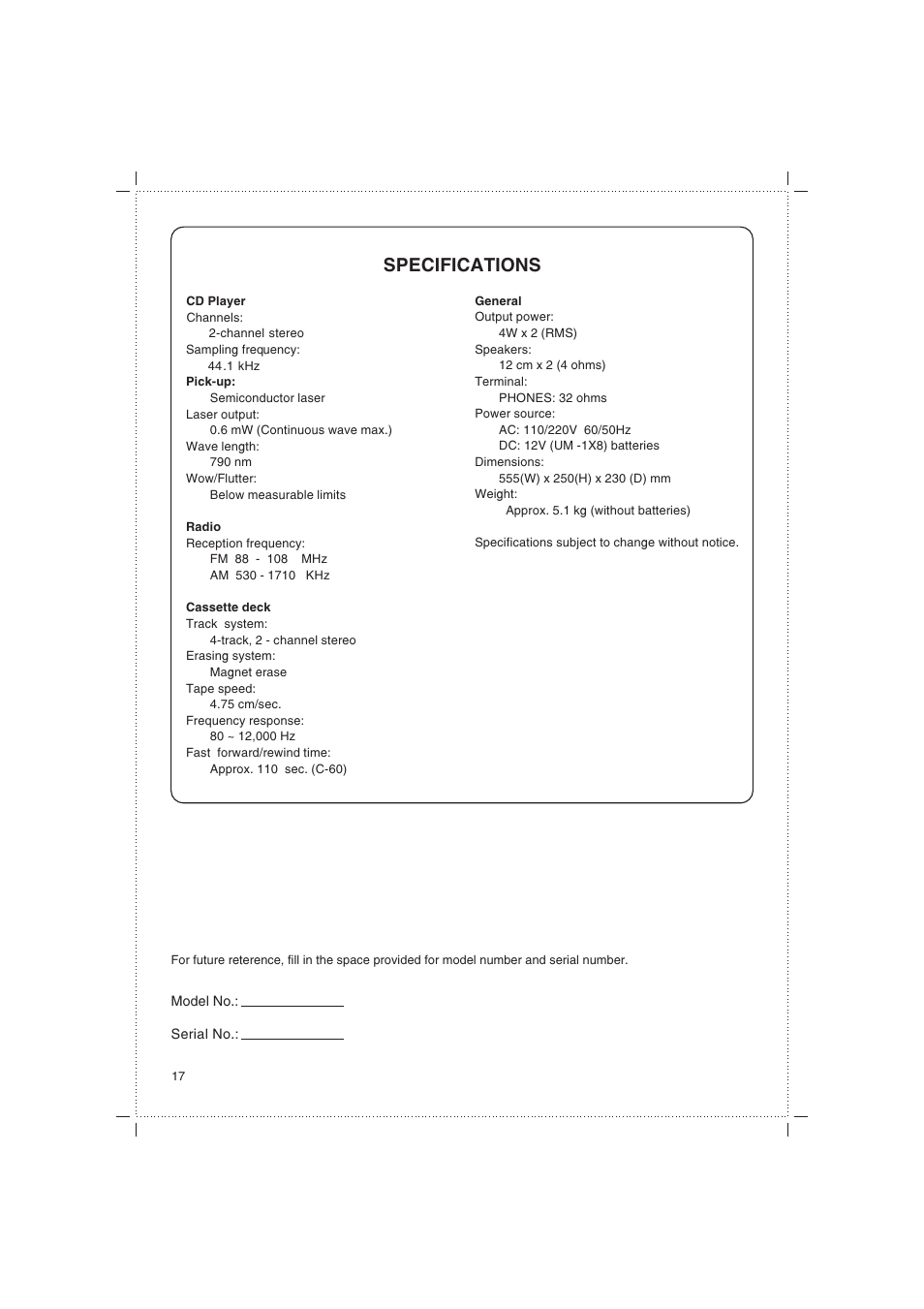 Specifications | Jwin JX-43000D User Manual | Page 18 / 18
