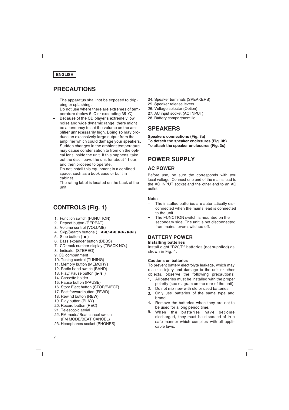 Precautions, Controls (fig. 1), Speakers | Power supply | Jwin JX-43000D User Manual | Page 8 / 18