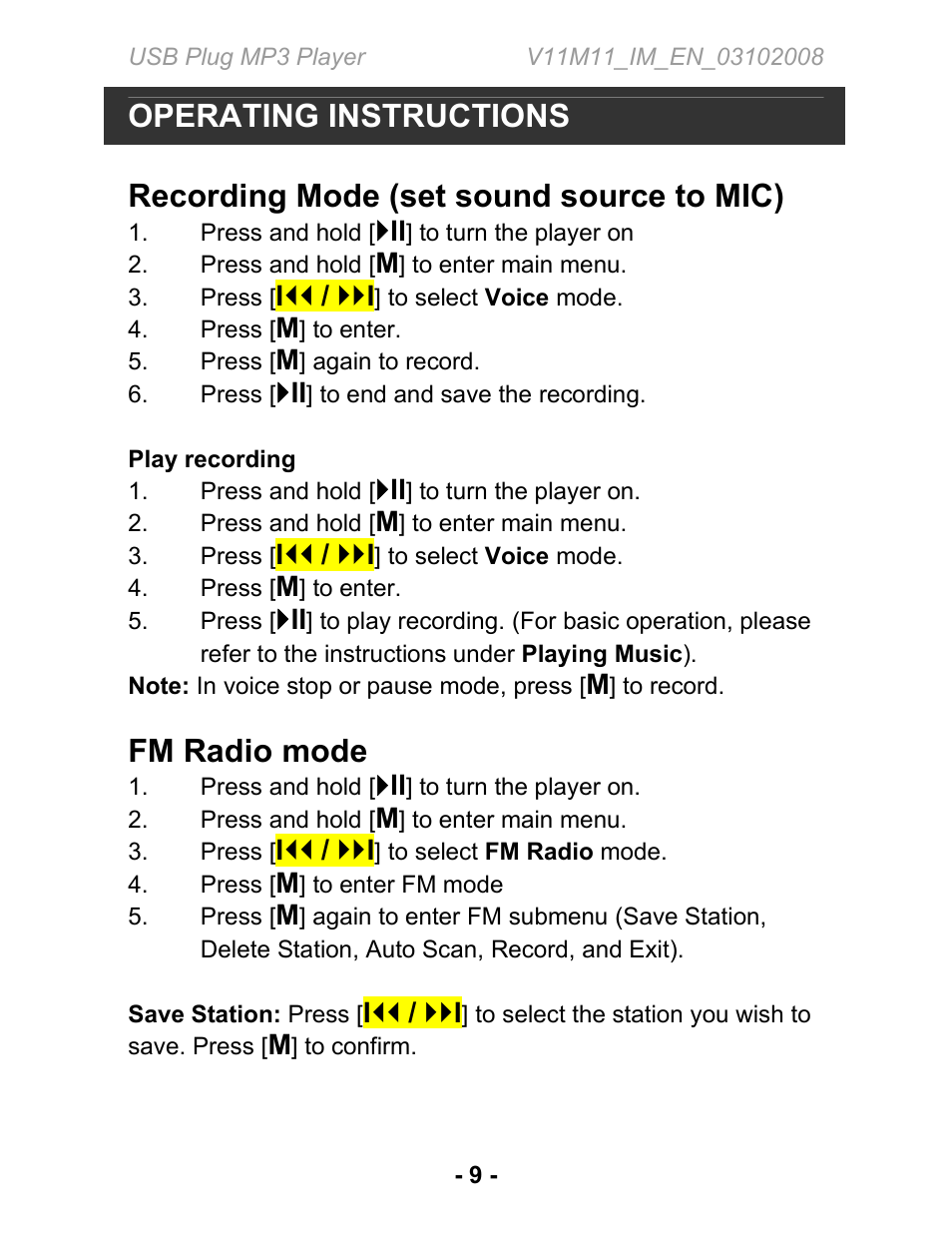 Operating instructions, Recording mode (set sound source to mic), Fm radio mode | Jwin JX-MP134 User Manual | Page 10 / 14