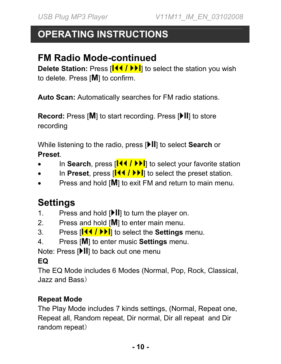 Operating instructions, Fm radio mode-continued, Settings | Jwin JX-MP134 User Manual | Page 11 / 14