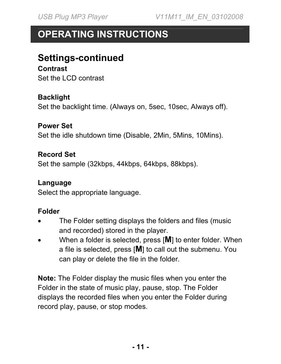 Operating instructions, Settings-continued | Jwin JX-MP134 User Manual | Page 12 / 14