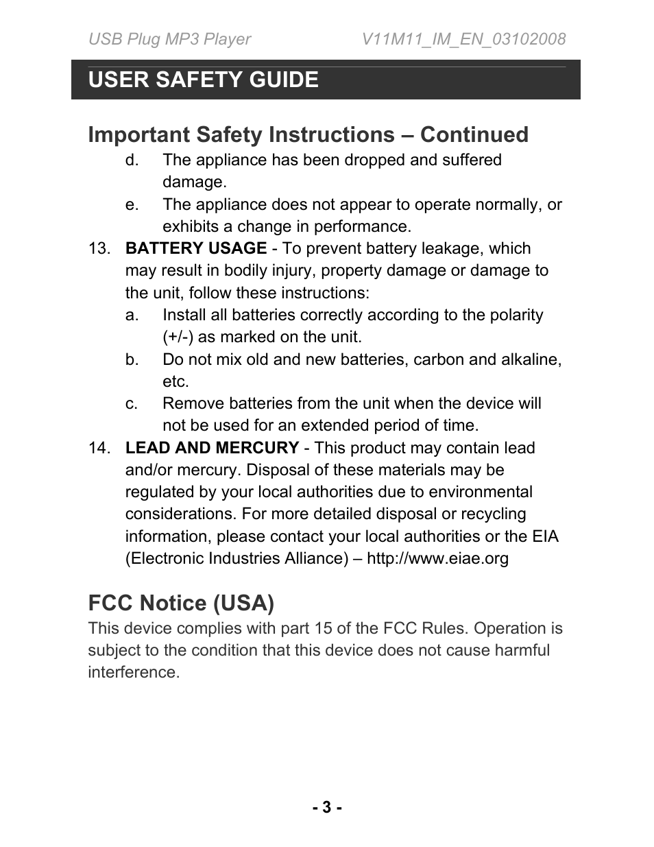 User safety guide, Important safety instructions – continued, Fcc notice (usa) | Jwin JX-MP134 User Manual | Page 4 / 14