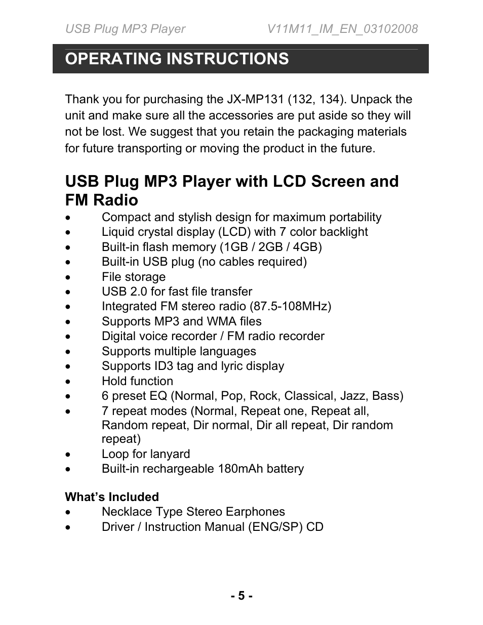 Operating instructions, Usb plug mp3 player with lcd screen and fm radio | Jwin JX-MP134 User Manual | Page 6 / 14