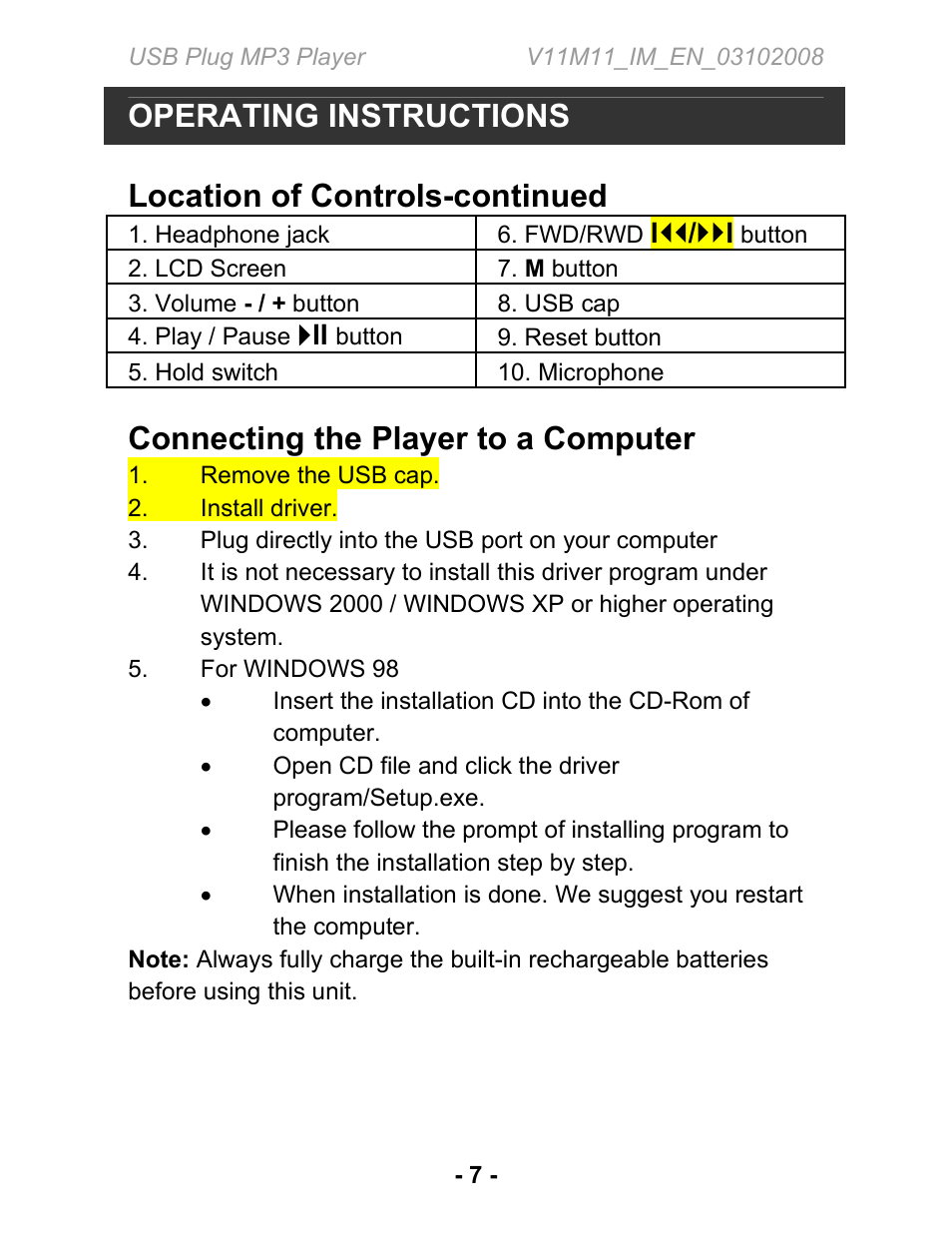 Operating instructions, Location of controls-continued, Connecting the player to a computer | Jwin JX-MP134 User Manual | Page 8 / 14