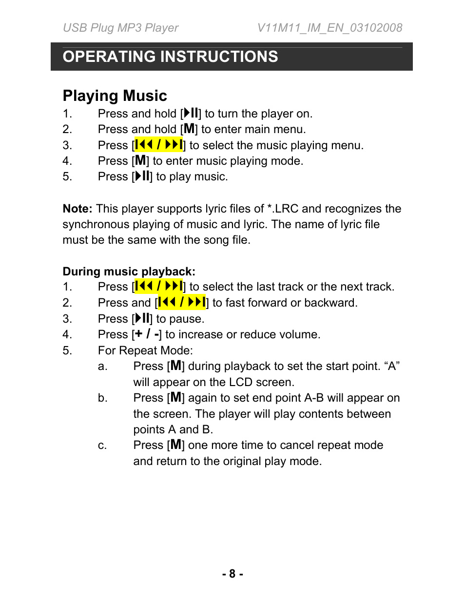 Operating instructions, Playing music | Jwin JX-MP134 User Manual | Page 9 / 14