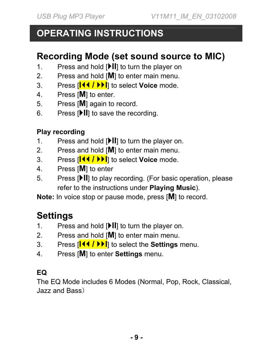 Operating instructions, Recording mode (set sound source to mic), Settings | Jwin JX-MP102 User Manual | Page 10 / 14