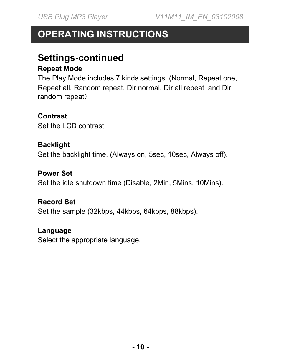 Operating instructions, Settings-continued | Jwin JX-MP102 User Manual | Page 11 / 14