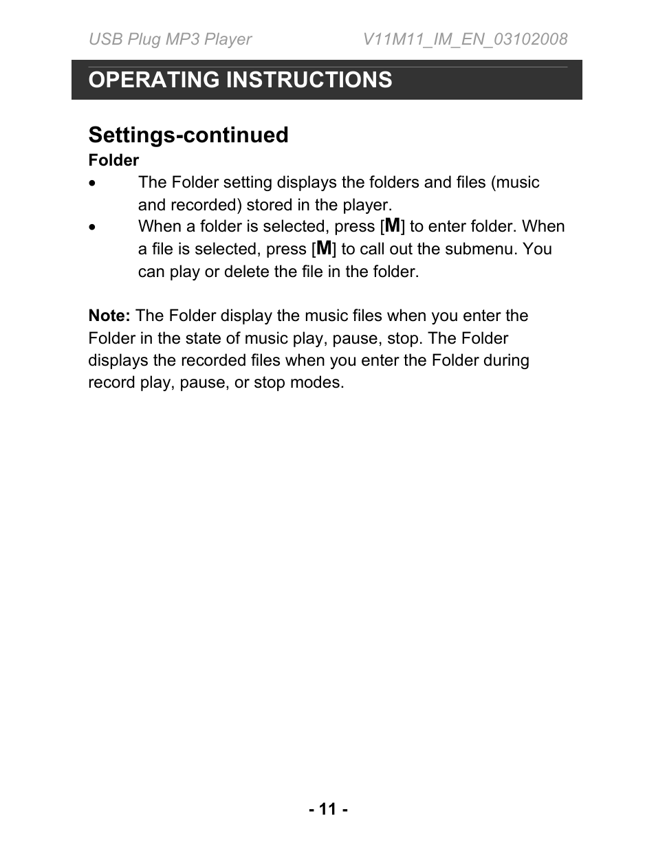 Operating instructions, Settings-continued | Jwin JX-MP102 User Manual | Page 12 / 14