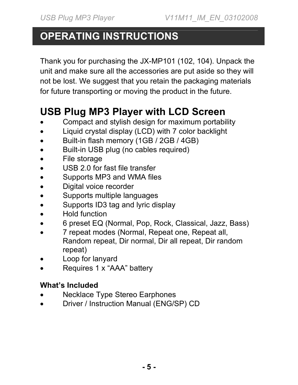 Operating instructions, Usb plug mp3 player with lcd screen | Jwin JX-MP102 User Manual | Page 6 / 14