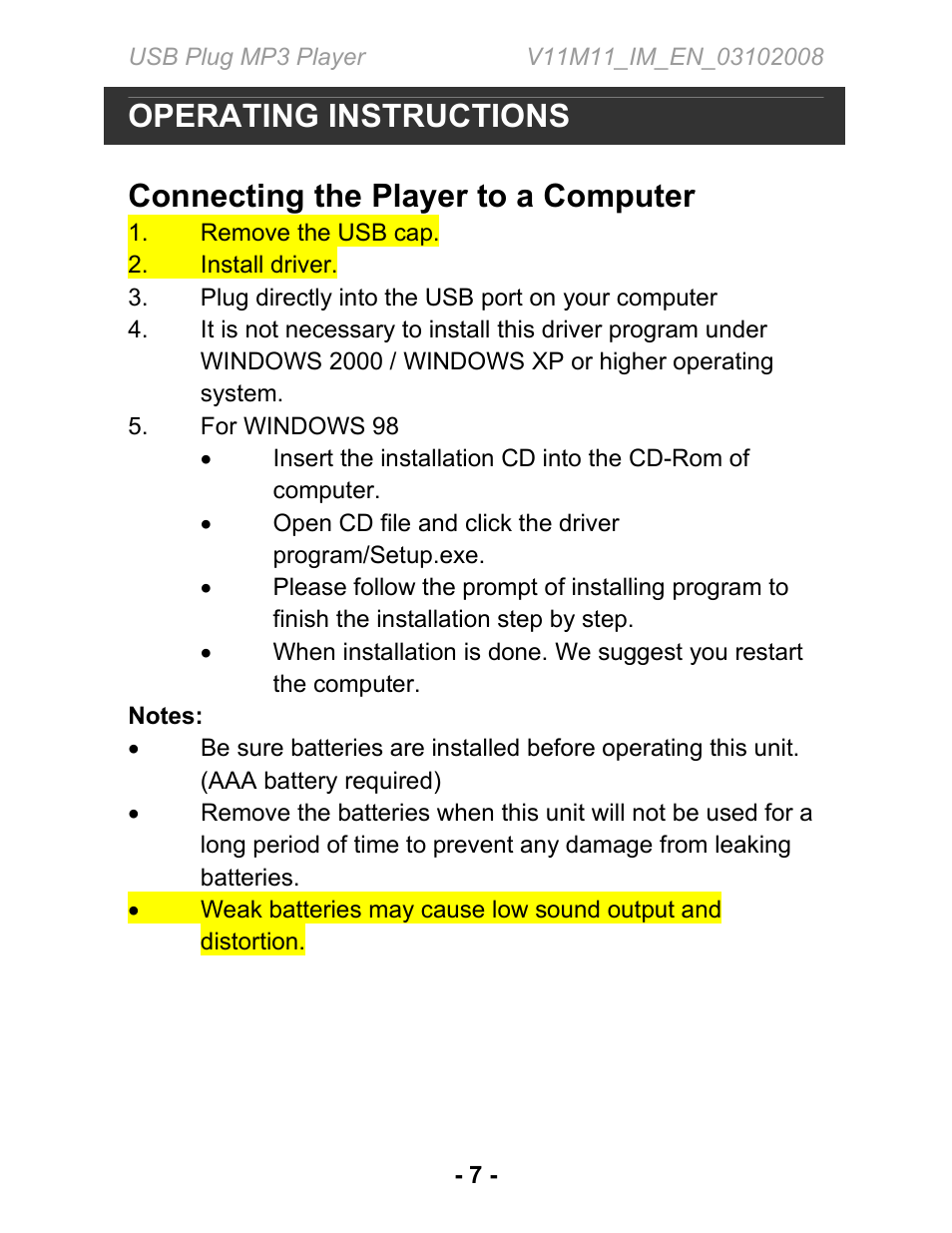 Operating instructions, Connecting the player to a computer | Jwin JX-MP102 User Manual | Page 8 / 14